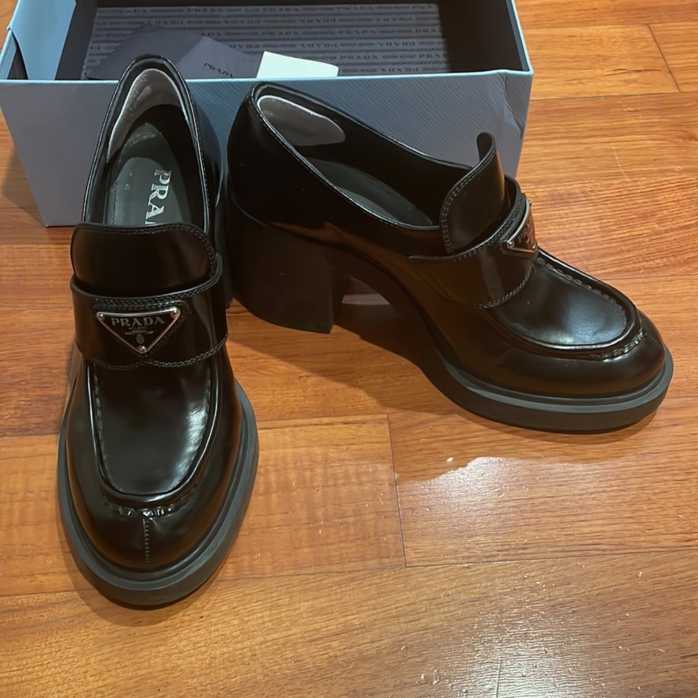 Prada Chocolate high-heeled brushed leather loafers